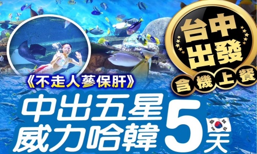《不走人蔘+保肝店》中出五星威力哈韓去(入住一晚國際五星酒店)~COEX水族館+美人魚秀、首爾明洞、星空圖書館、水果大福DIY+韓服體驗五天【德威航空(含機上餐食)、台中出發】