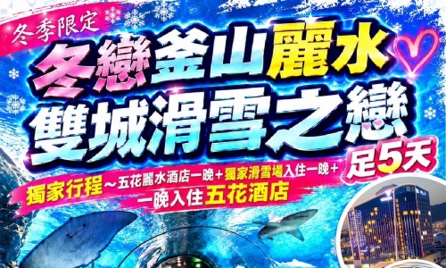 春節《不走人蔘+保肝店》冬戀釜山麗水雙城滑雪之戀(五花酒店1晚+滑雪場1晚+1晚五花酒店)~動物星球水族館、LUGE渠道滑車+纜車、加耶主題公園+塗鴉秀韓服體驗、海岸列車、伊甸園滑雪場、積木村足玩5天
